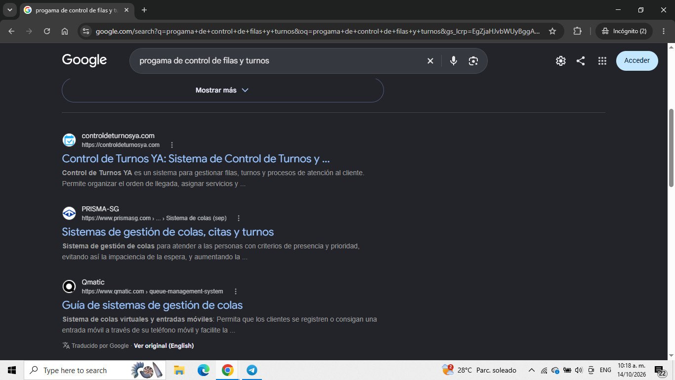 Captura de Google del 14 de octubre de 2026 para la búsqueda «programa de control de filas y turnos»; evidencia de control-turnos en resultado orgánico.
