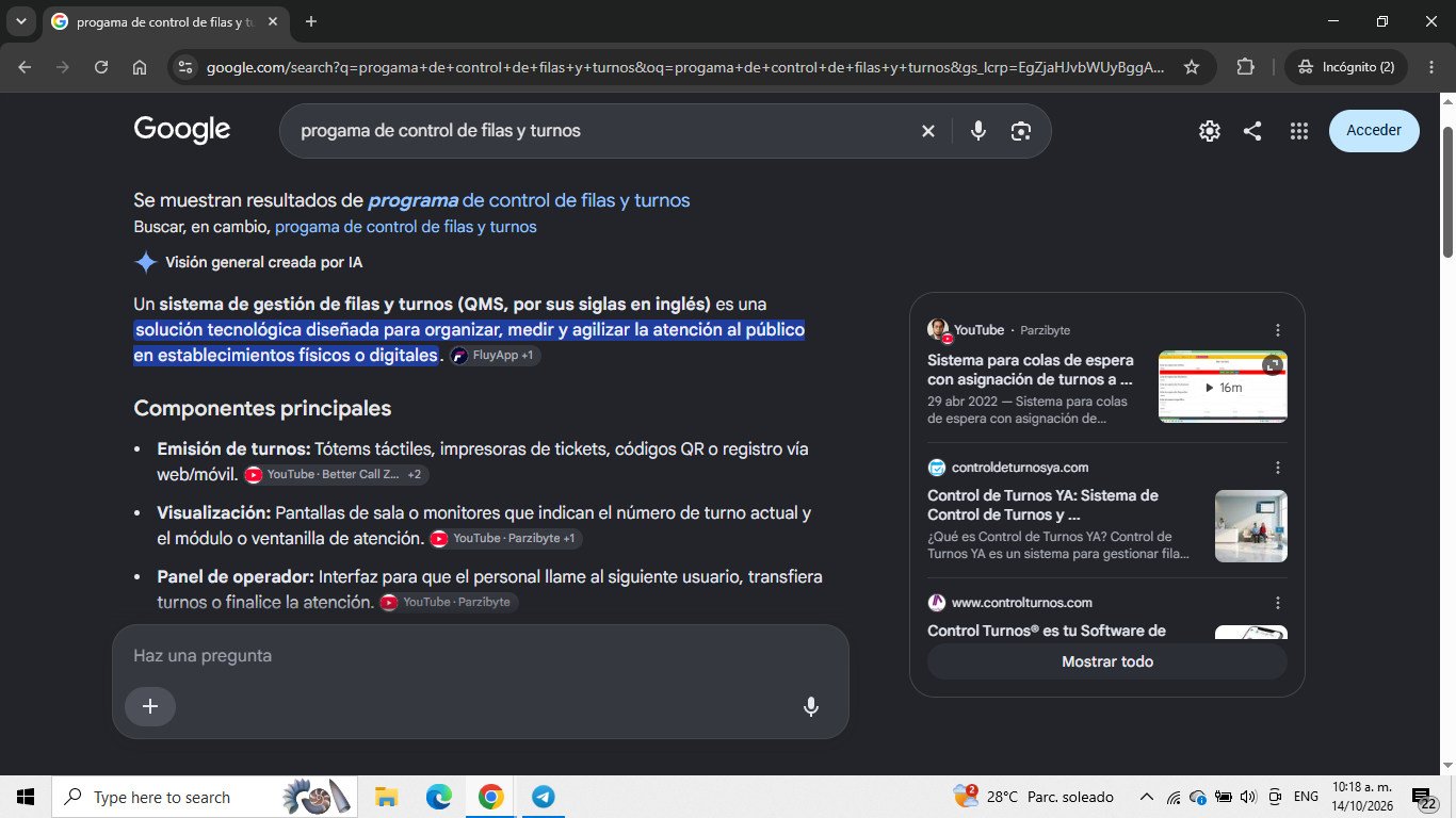 Captura de Google del 14 de octubre de 2026 para la búsqueda «programa de control de filas y turnos»; evidencia de control-turnos en respuesta de ia.