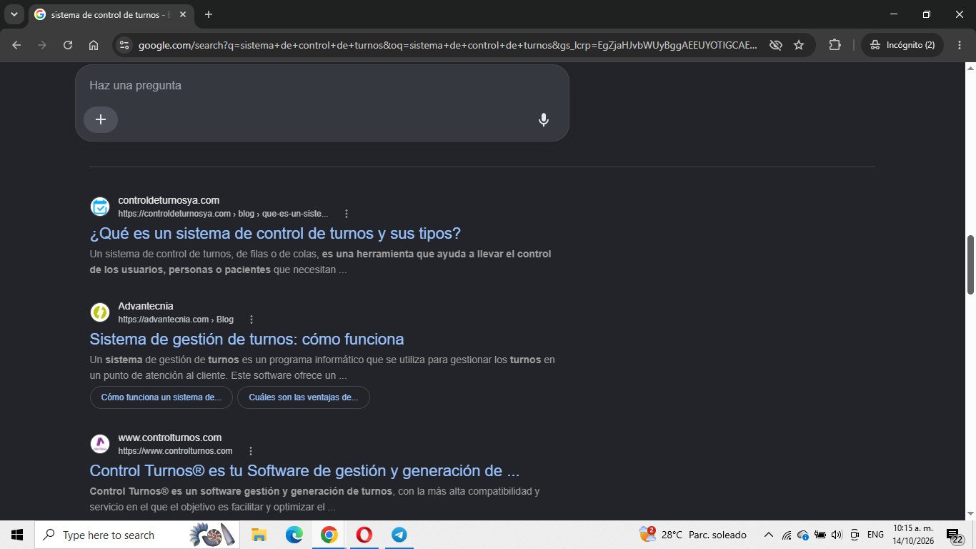 Captura de Google del 14 de octubre de 2026 para la búsqueda «sistema de control de turnos»; evidencia de control-turnos en resultado orgánico.