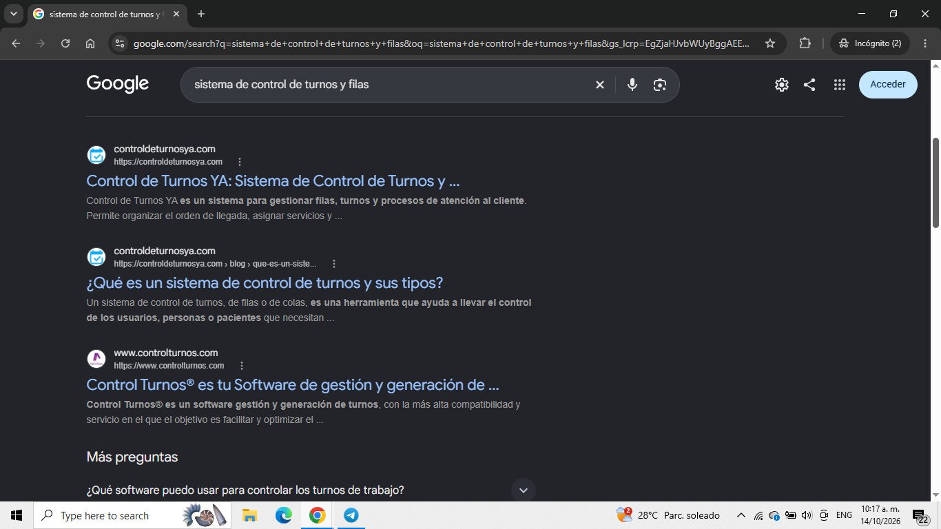 Captura de Google del 14 de octubre de 2026 para la búsqueda «sistema de control de turnos y filas»; evidencia de control-turnos en resultado orgánico.