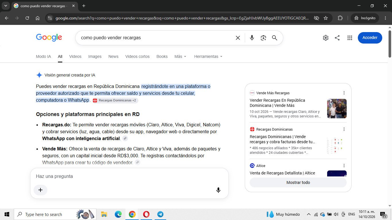 Captura de Google del 14 de octubre de 2026 para la búsqueda «como puedo vender recargas»; evidencia de vende-mas en respuesta de ia.